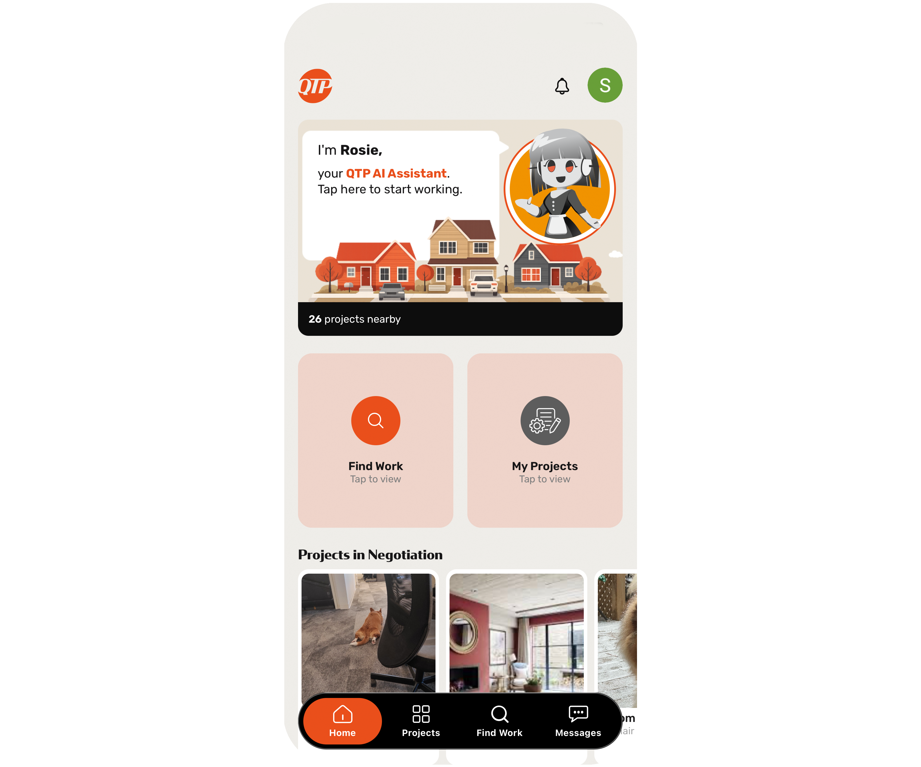 QTP Home Helper app dashboard showing nearby home service projects to earn money from